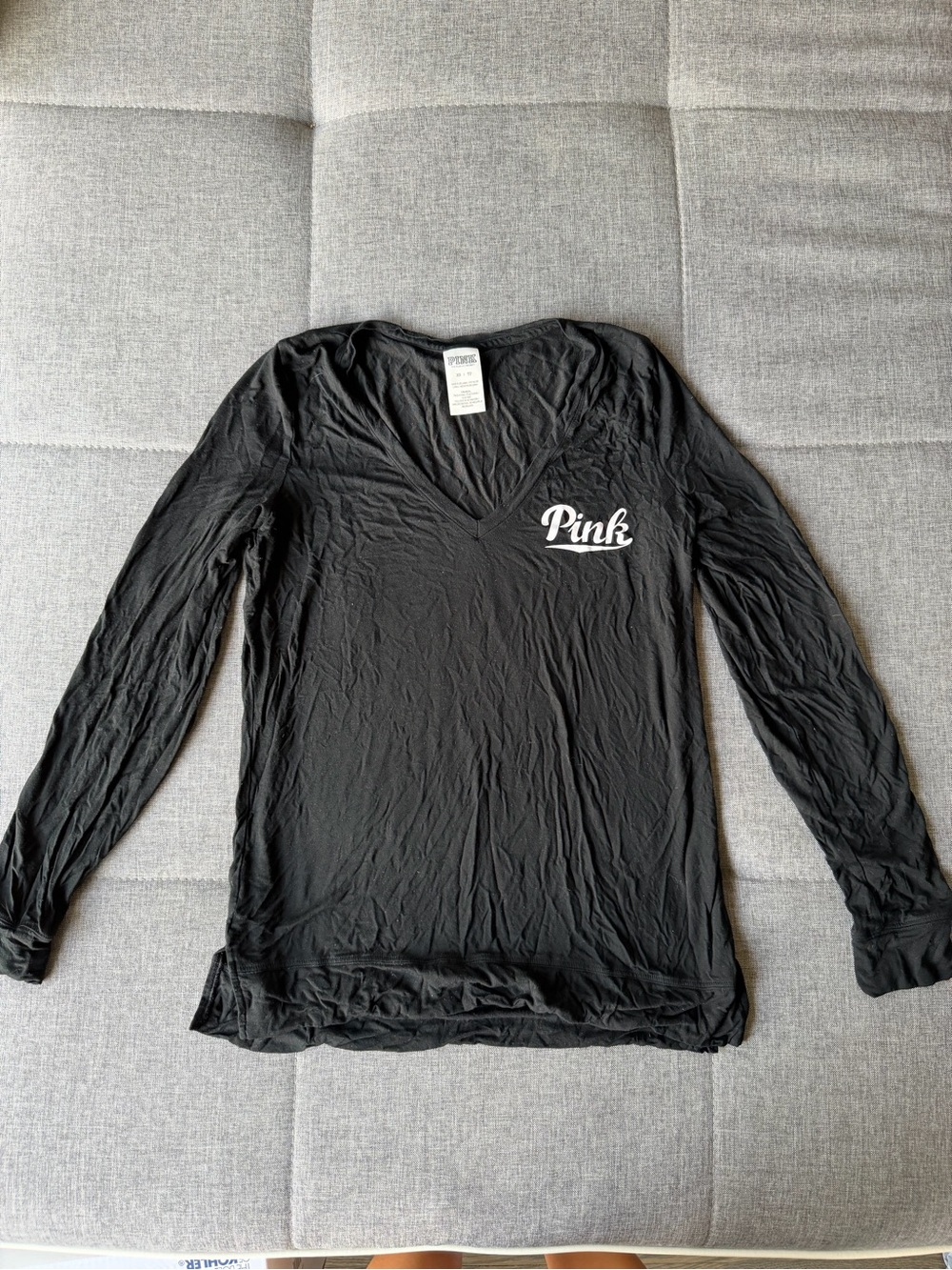 PINK Victoria's Secret Black V-Neck Long Sleeve Tee with Chest Logo
